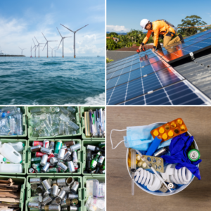 A grid with four images related to environment and energy. The first one is an offshore wind farm, the second one is a man working on solar panels, the third one is multiple different boxes of recycling, and the fourth one is a small bin full of hazardous waste.