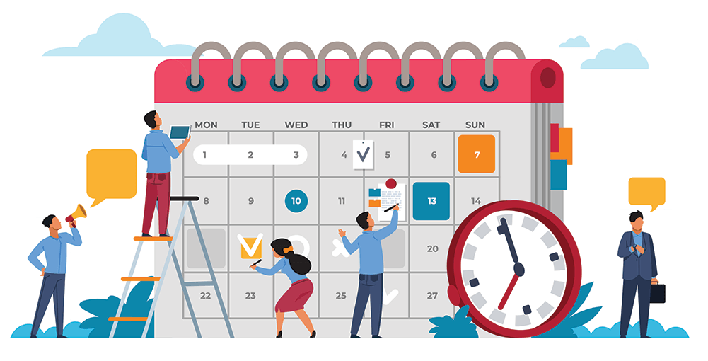 Animated graphic showing multiple people editing a calendar