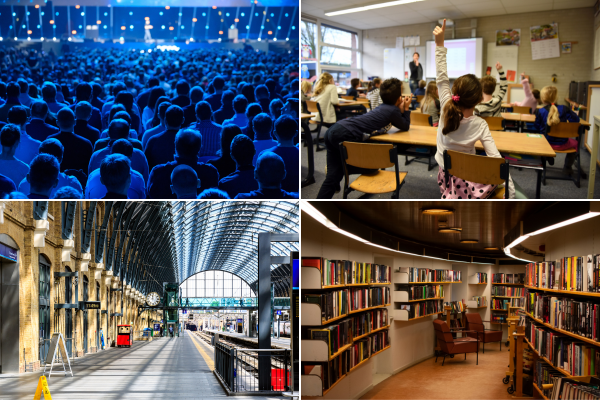 Four photos depicting different venues including a crowd at a concert, a school, a library and a train station.