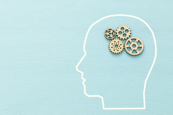 A graphic on a light blue background - a white silhouette outline of a person's head, with cogs at the top to show the workings of the brain