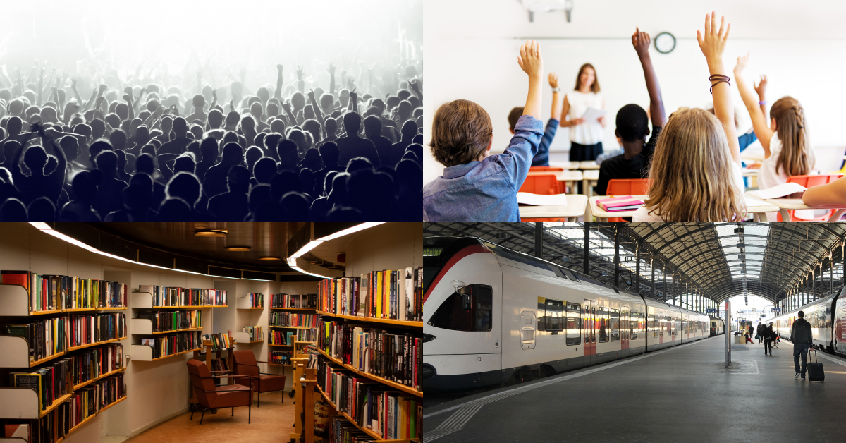 A grid of four images including a concert setting, a library, a train station and a classroom with children raising their hands.
