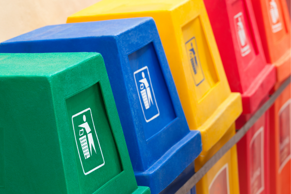 A row of four brightly coloured bins for different waste streams, including recycling and general waste.