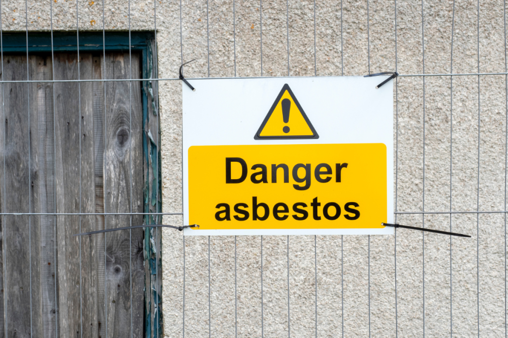 A white sign with a big yellow warning symbol and "Danger asbestos" written on it. The sign is attached to a metal wire fence.