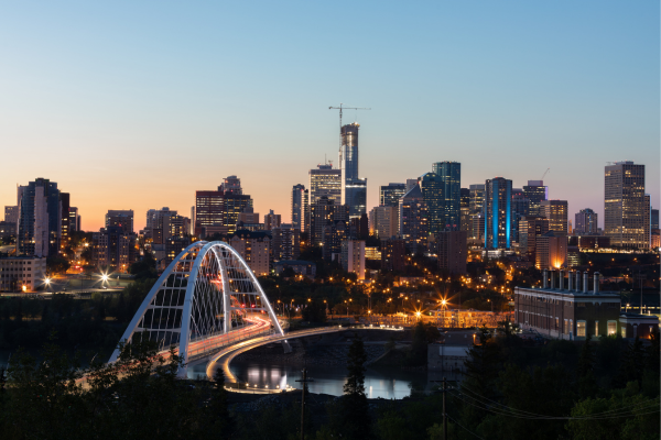 A photo of Edmonton, Canada's downtown skyline in the early evening