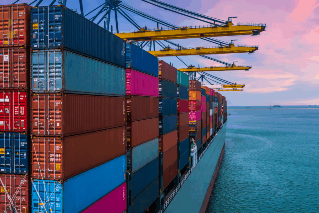 A large container ship is loaded with containers