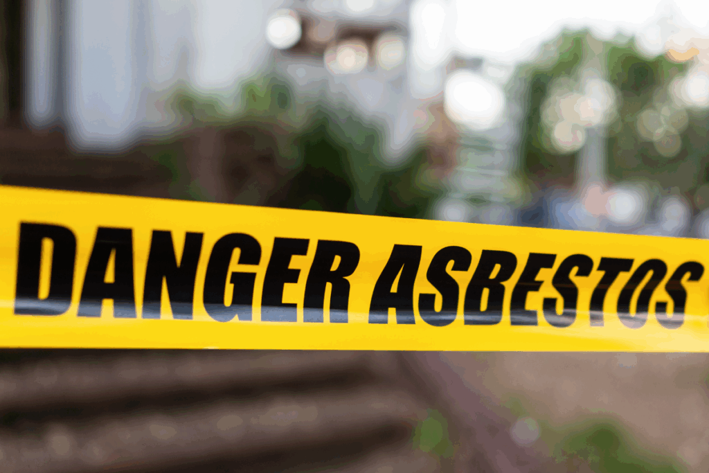 A yellow caution tape with the words danger asbestos on it