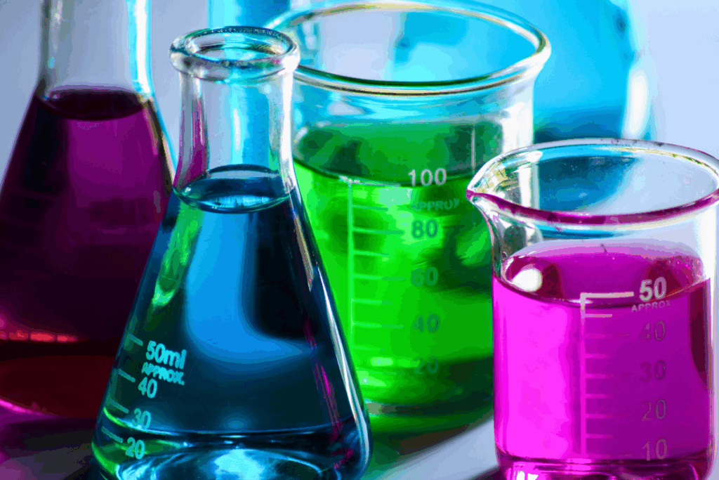 Different colour chemicals, green, blue, purple and pink in glass containers