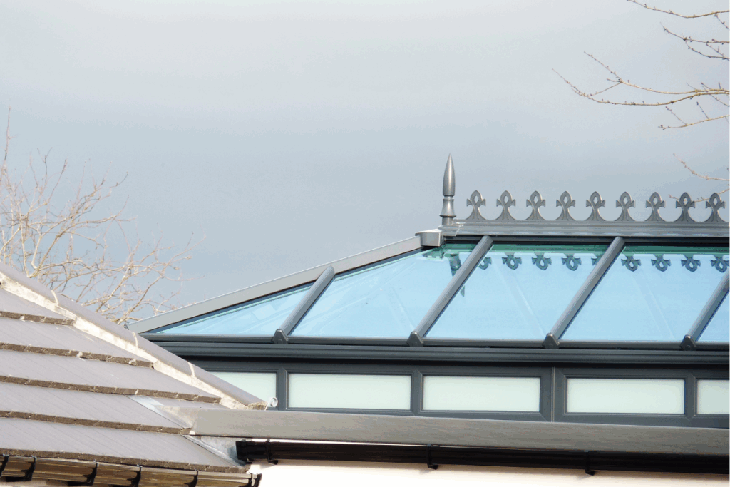 The roof of a conservatory with a grey sky and tree branches