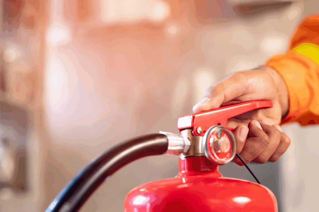 A red fire extinguisher being held by a person in an orange jacket