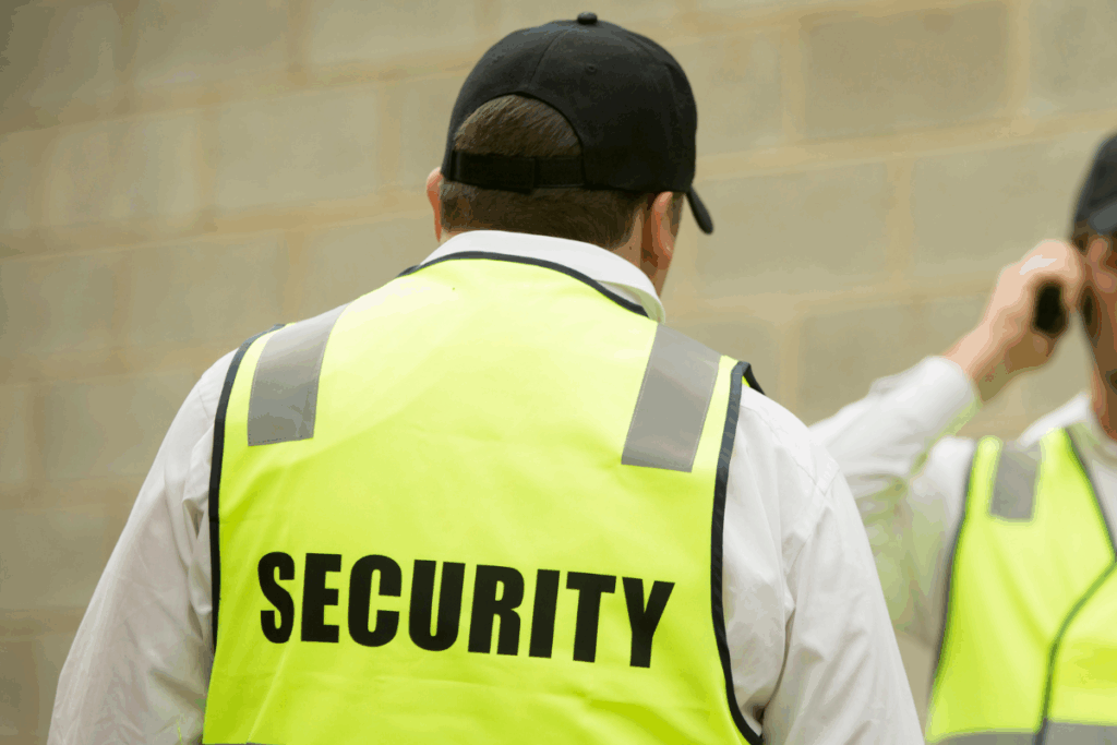 The back of a man with a yellow Hi-Viz jacket that says security on, and a black cap