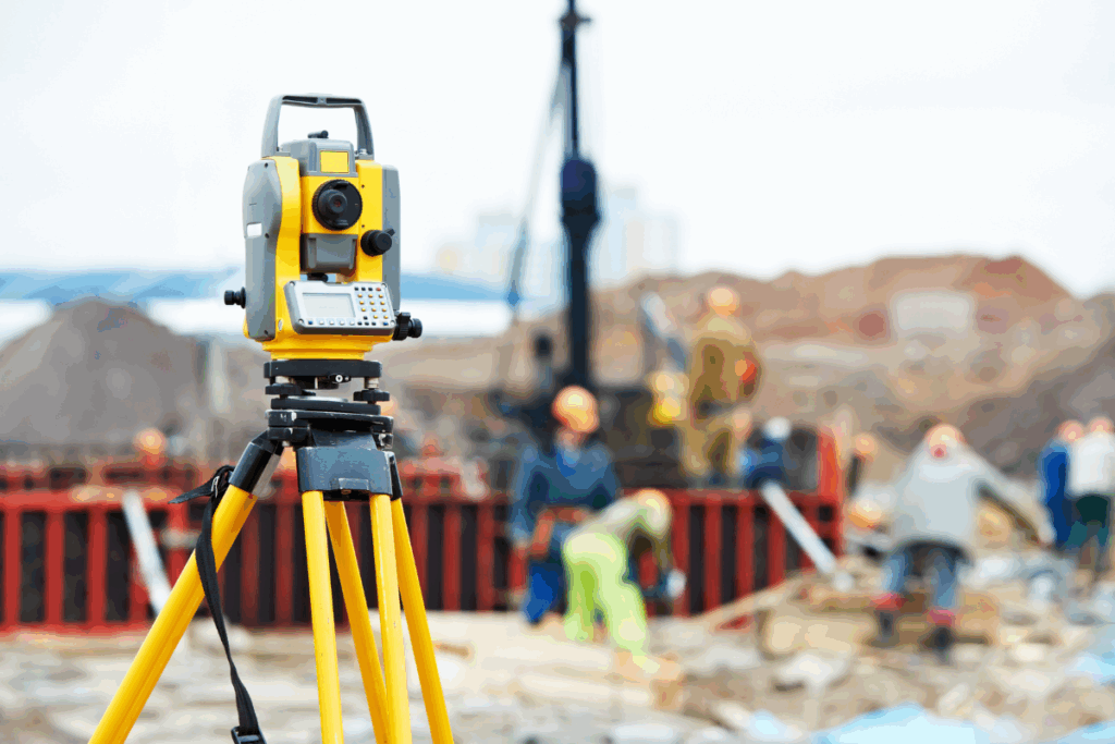 A yellow building site surveyor piece of equipment with construction site background