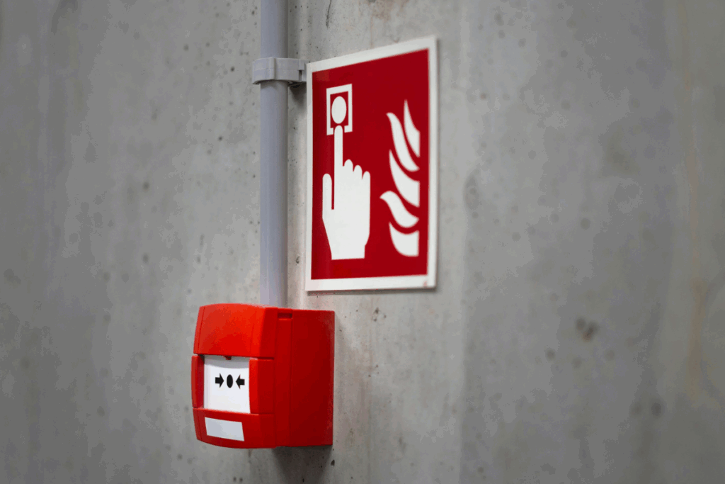 Red fire alarm on a wall with red fire alarm safety sign