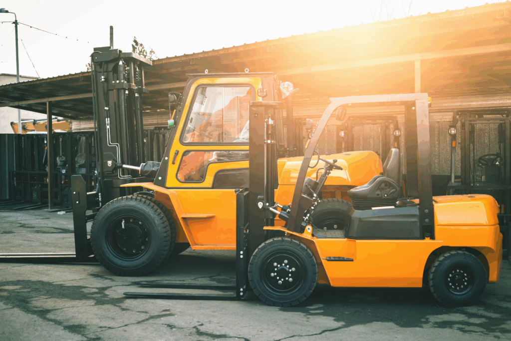 Two orange forklift trucks with the sun in the corner and a grey sky