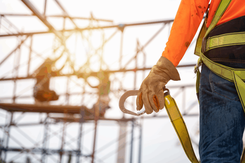 Workers on a roofing project with safety materials and equipment