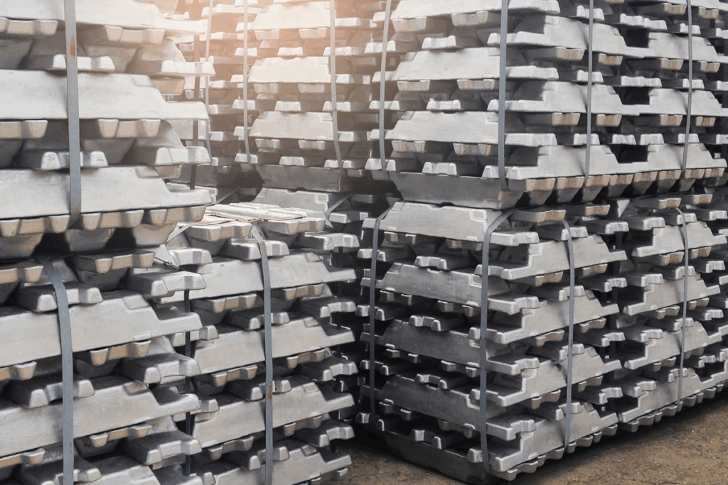 Molten aluminium blocks stacked together in a warehouse