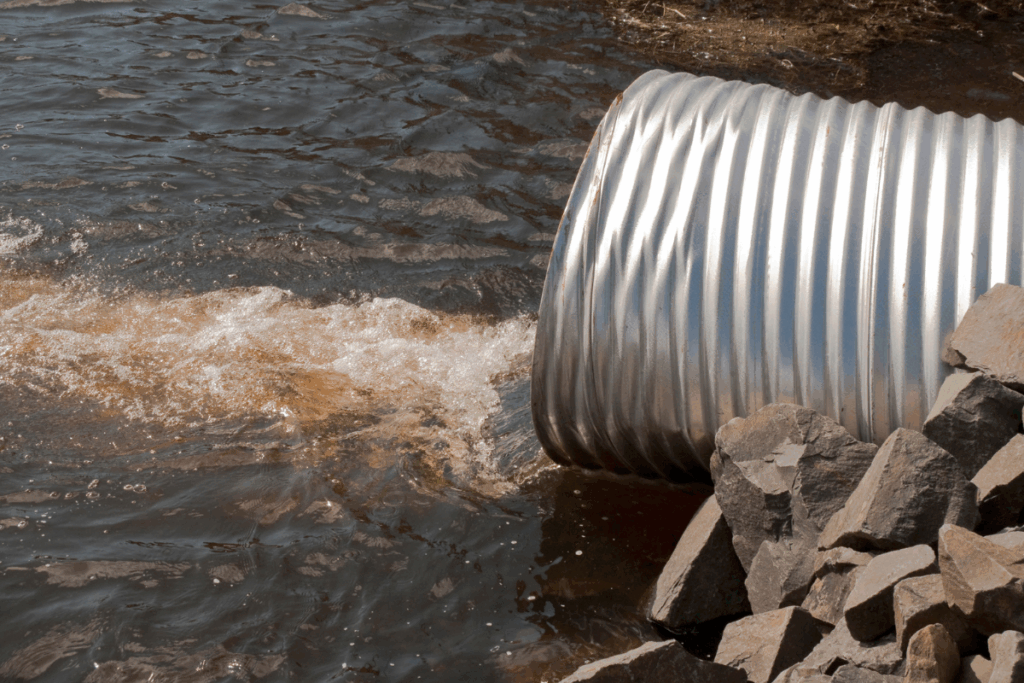 A silver drainage culvert with rocks next to it, and water flowing from the drainage culvert