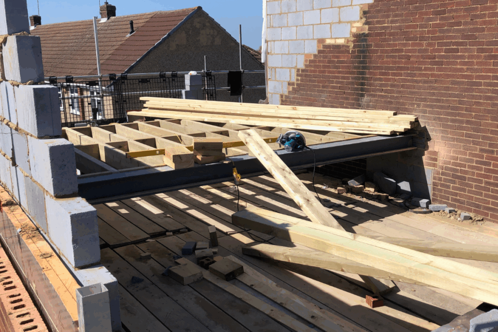 Home improvement project on a domestic property with wooden beams on the second floor
