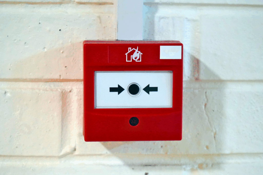 Red and white UK fire alarm mounted on a white painted brick wall