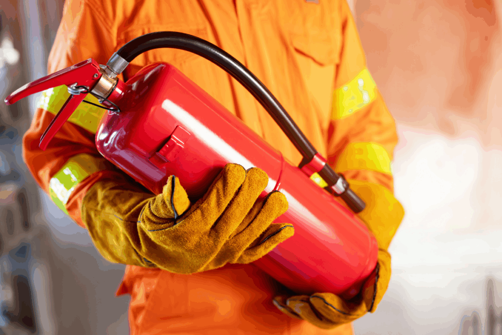 A red fire extinguisher is being held by a fire marshal with orange PPE on