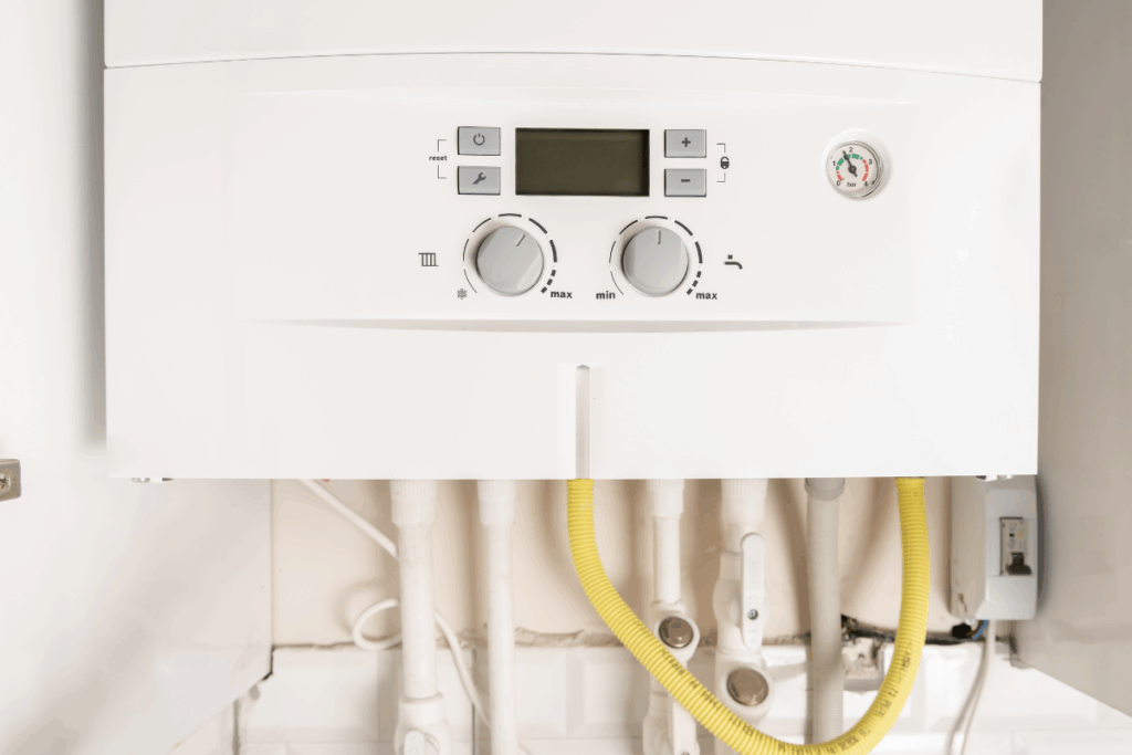 A white wall-mounted gas boiler with yellow and white pipes