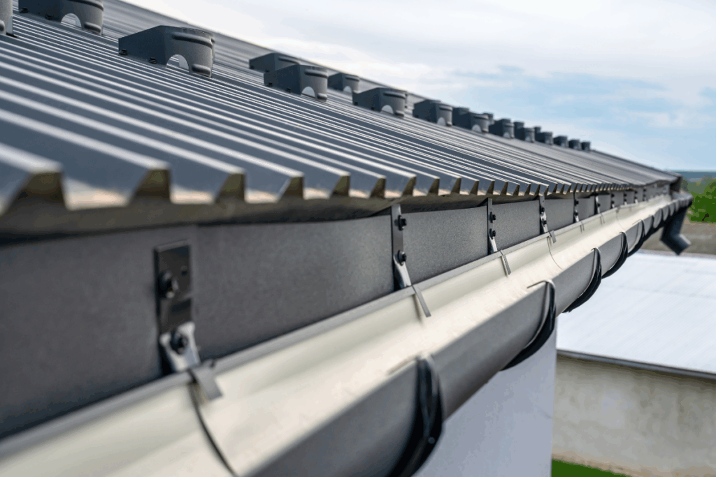 A close-up of a building's metal roof with blue sky and clouds in the background
