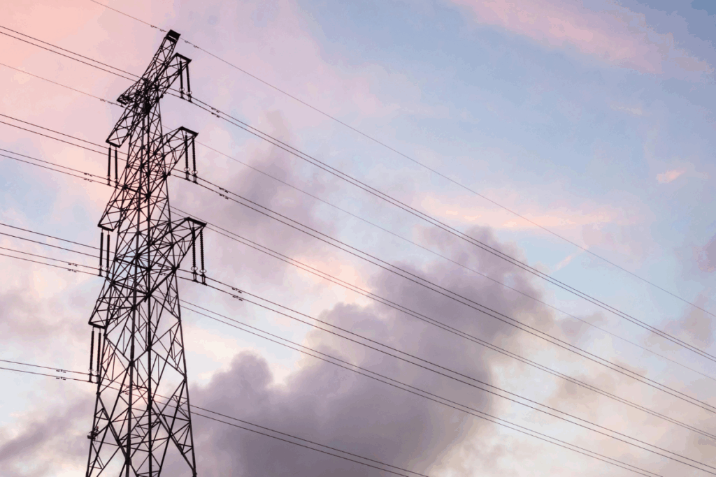 Overhead power line with pink, blue and white sky,