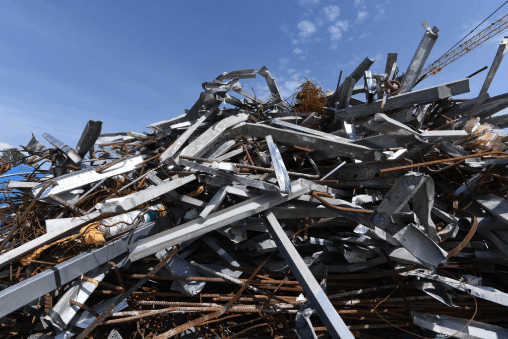 Scrap metal piled up on the site with a blue sky and clouds above