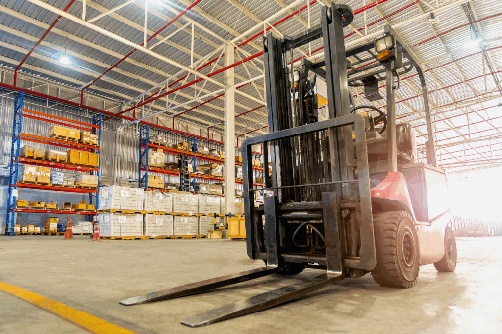 A large warehouse with a forklift truck parked on the concrete flooring