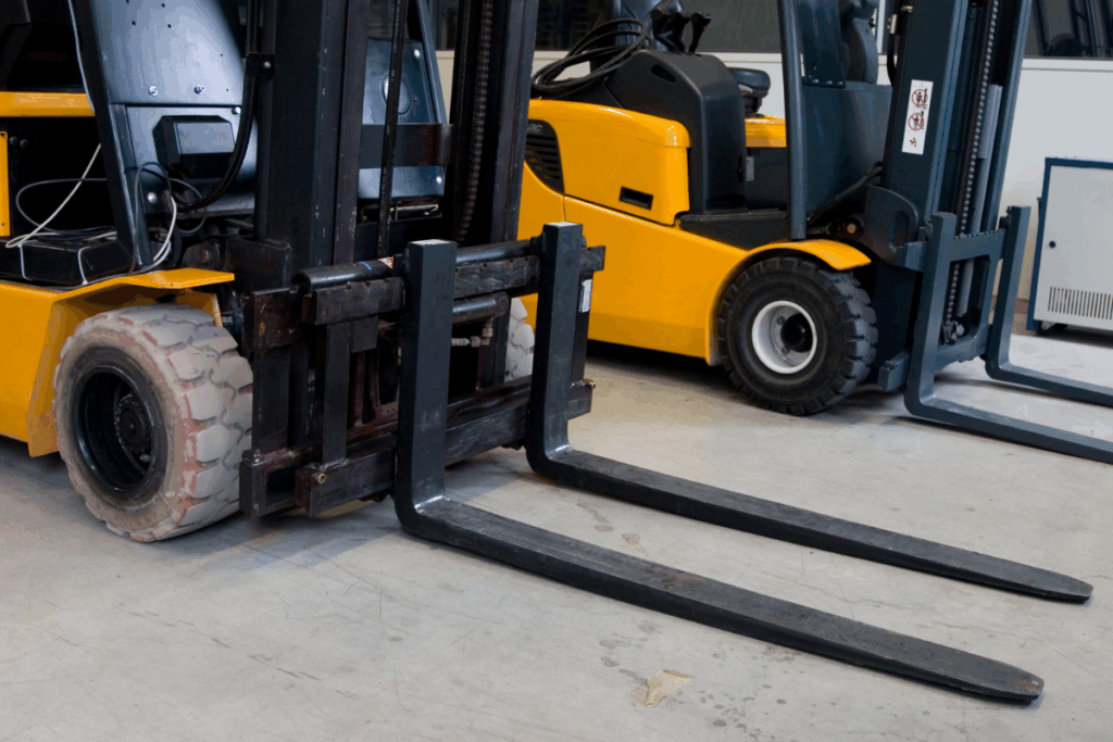 Black and orange forklift trucks are parked on concrete flooring. One fork has dusty wheels