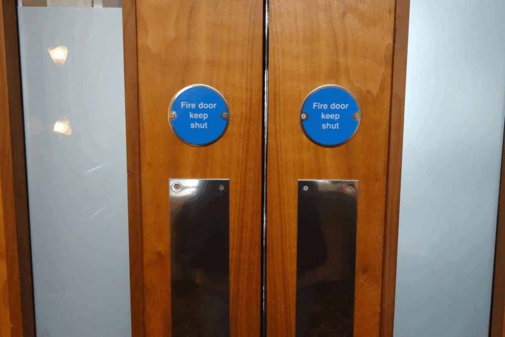 Wooden double fire door with blue circle sign with white writing saying 'fire door keep shut' on each panel