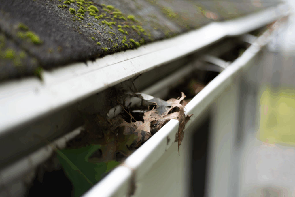 Guttering on a domestic garage building with leaves stuck in it