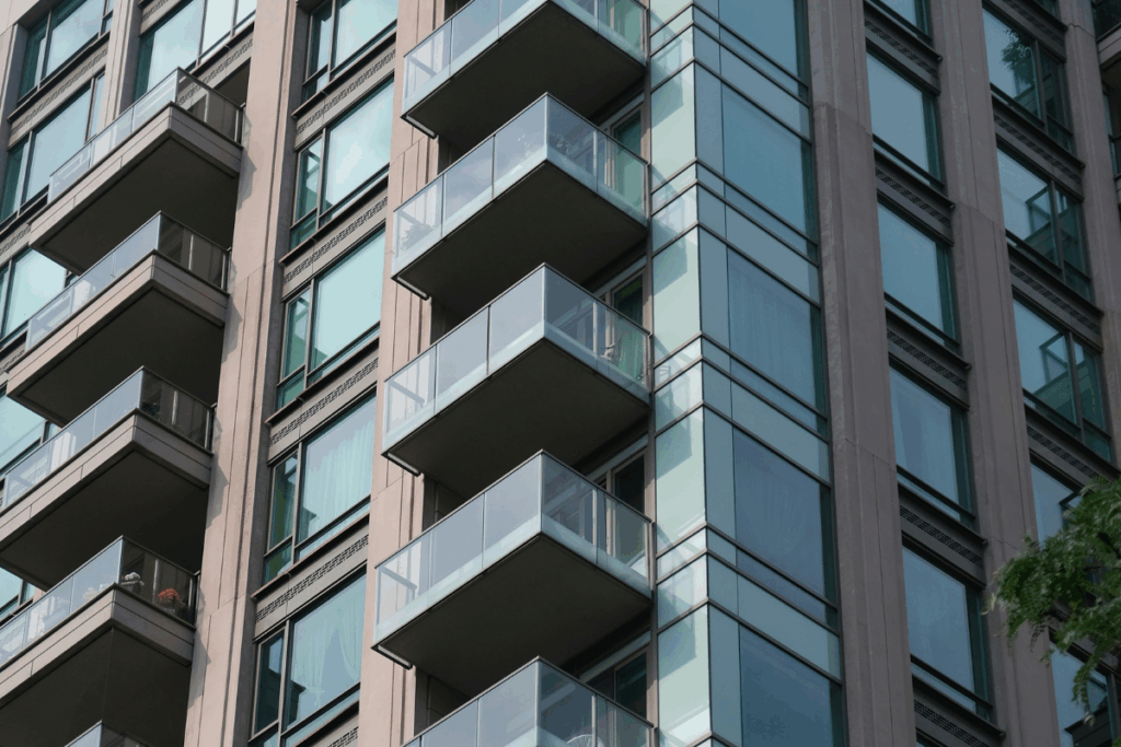 High-rise residential building with balconies and cladding
