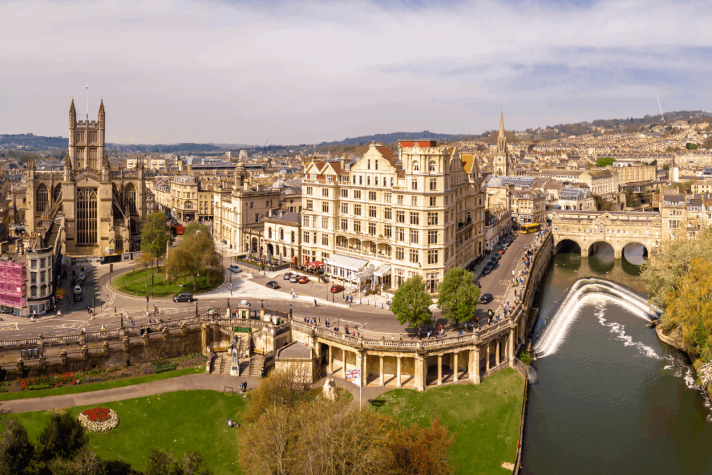 Aerial view of Bath in the UK with historical buildings
