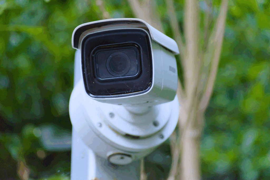 White and black plastic CCTV camera set up on a pole with greenery behind it and a tree