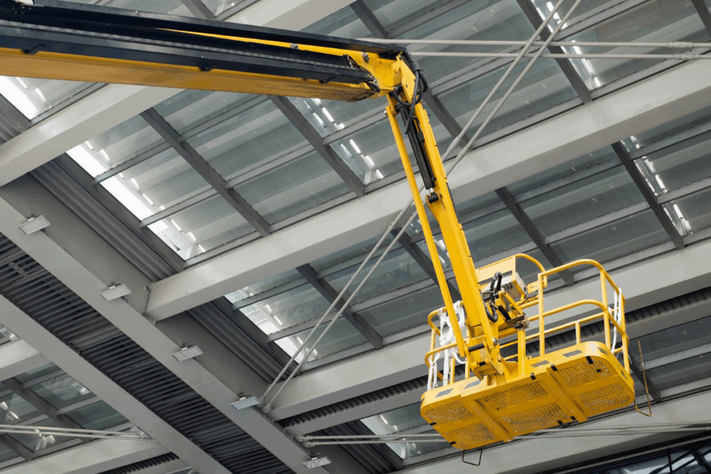 A yellow and black elevated work platform in the air to access a factory roof