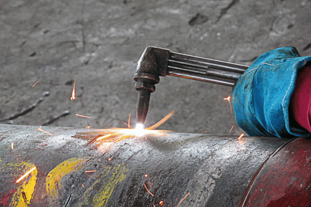 An oxy-acetylene torch system in use with sparks flying