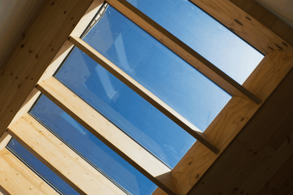Skylight roof view from below the glass panels with blue sky and sun shining through