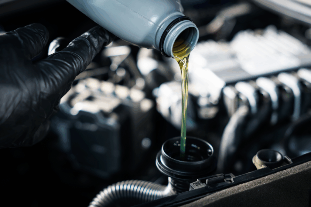 A close-up of someone pouring diesel oil into a diesel engine motor vehicle with black protective gloves on