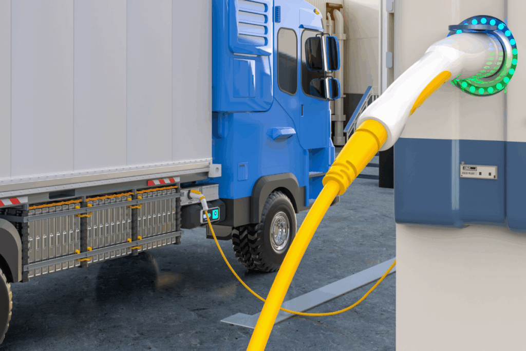 A blue and grey electric lorry is parked stationary at a charging point