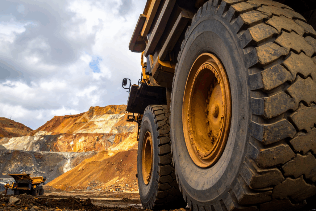 A mining machine close up on a mining road with grey sky in the background and a quarry