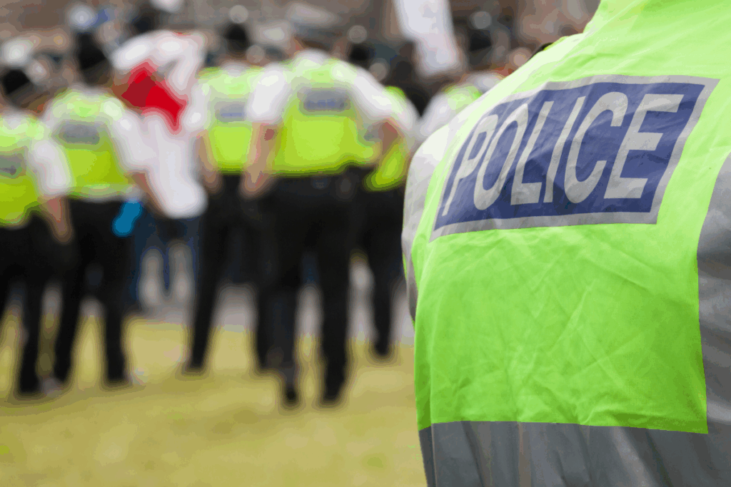 UK Police in a training session with high visibility uniform