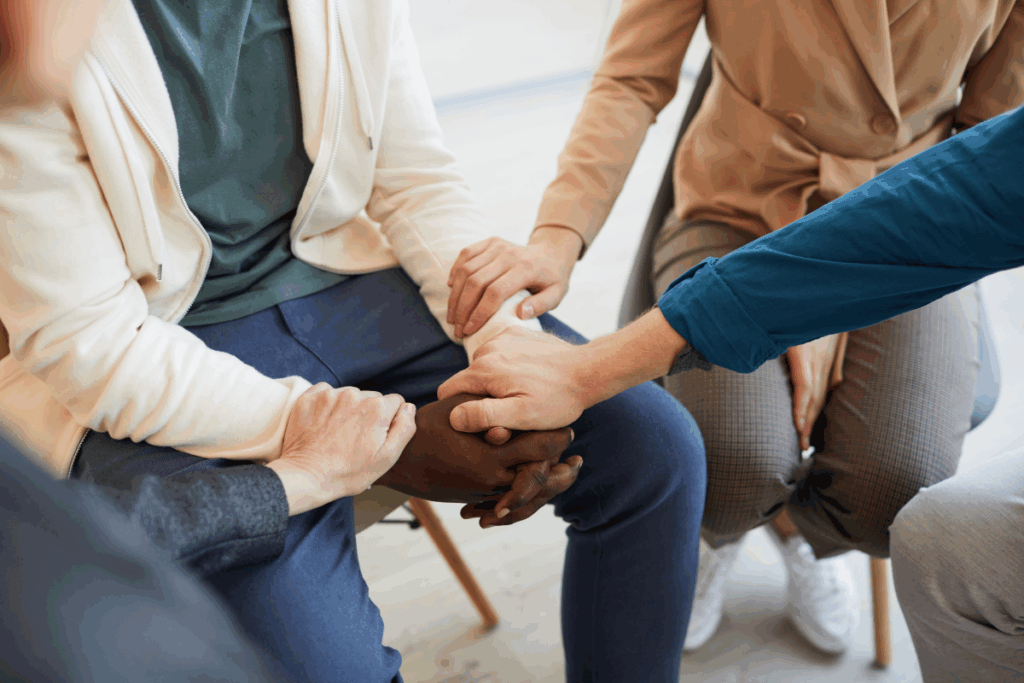 A group of people supporting someone at work and holding their hands all together