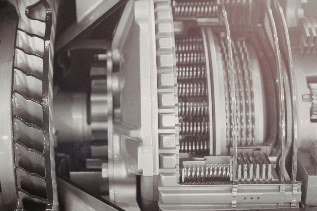 blades of a rotary valve on metal machinery in a warehouse