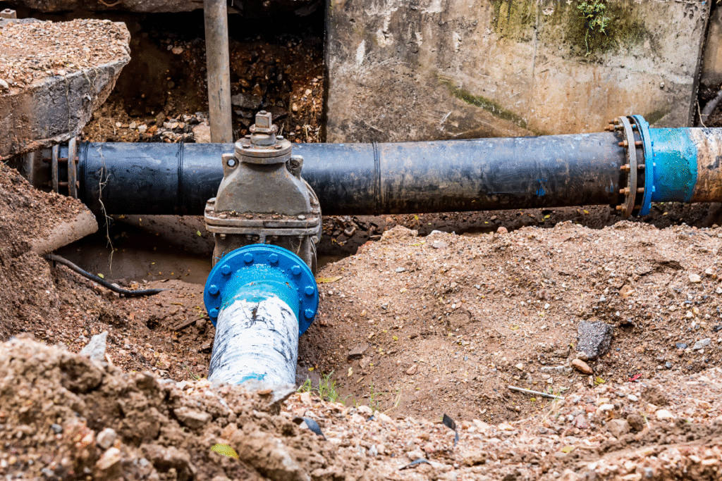 Drain pipes on a construction site with mud and debris surrounding it.