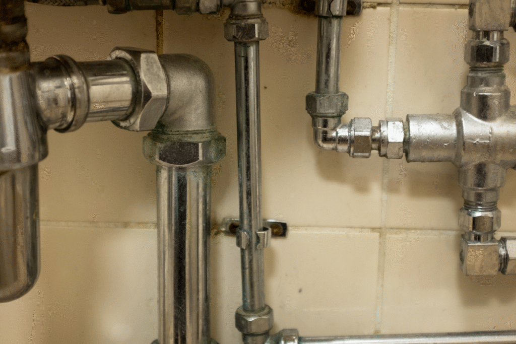 A faulty steam trap on small-bore pipework.