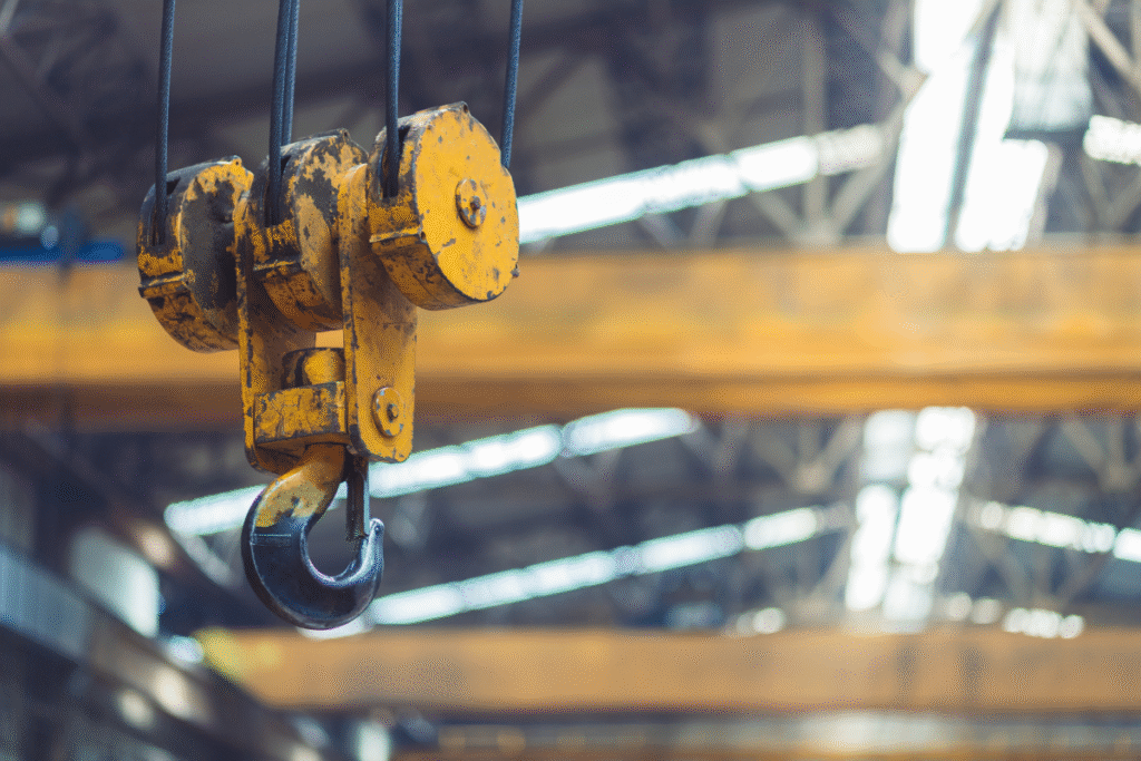 A yellow, rusty metal overhead crane in a manufacturing warehouse