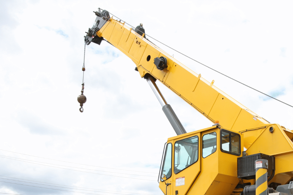 A yellow remote-operated vehicle-mounted crane with white clouds in the sky