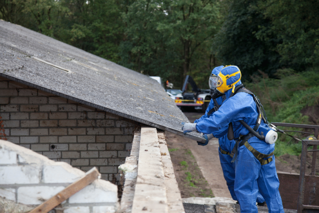 Asbestos investigation underway with two people wearing PPE on site