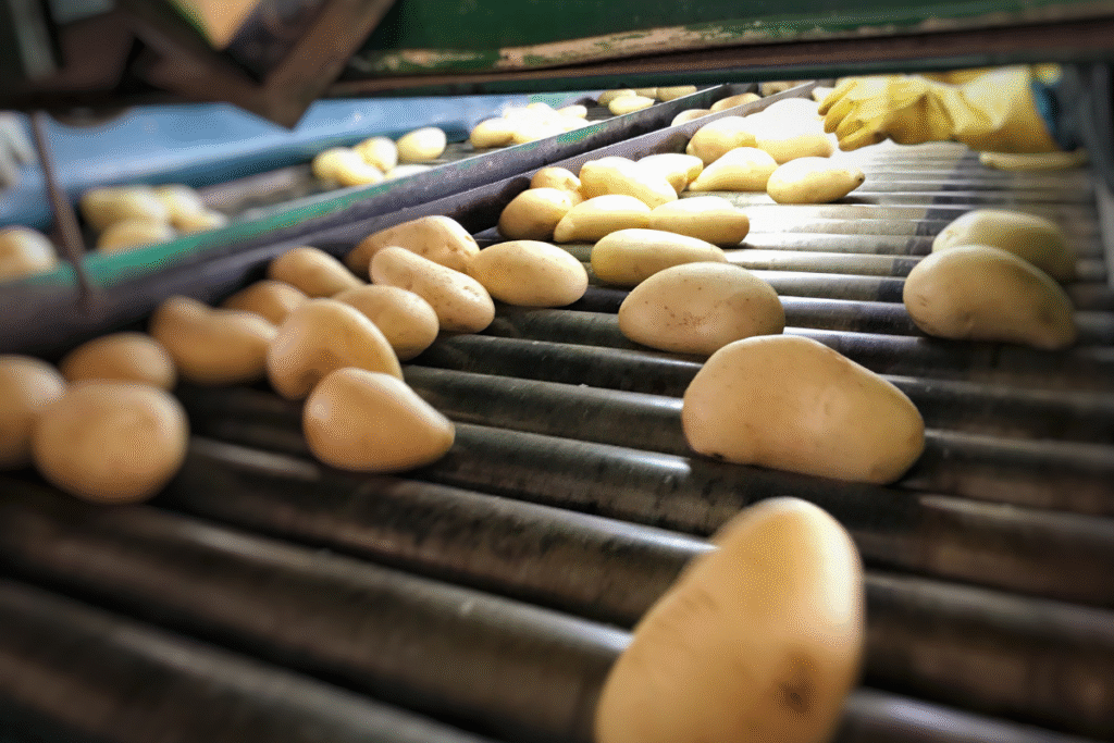 Potatoes on a rolling machine in a factory