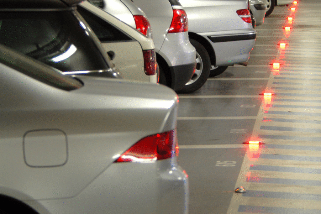 Cars are parked in a car park with lines on the floor for parking bays